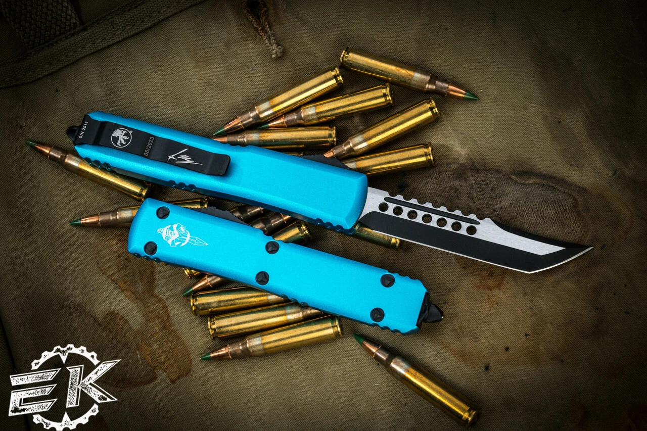 Microtech Ultratech Turquoise Hellhound OTF Automatic Knife 3.4" Black 119-1TQS 4 Microtech Ultratech Turquoise Hellhound OTF Automatic Knife 3.4" Black 119-1TQS - Image 2