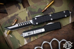 Microtech Ultratech Tri Grip Hellhound OTF Automatic Knife Blasted Hardware 3.4" Black Two Tone 119T-1EKS (EKnives EKclusive)