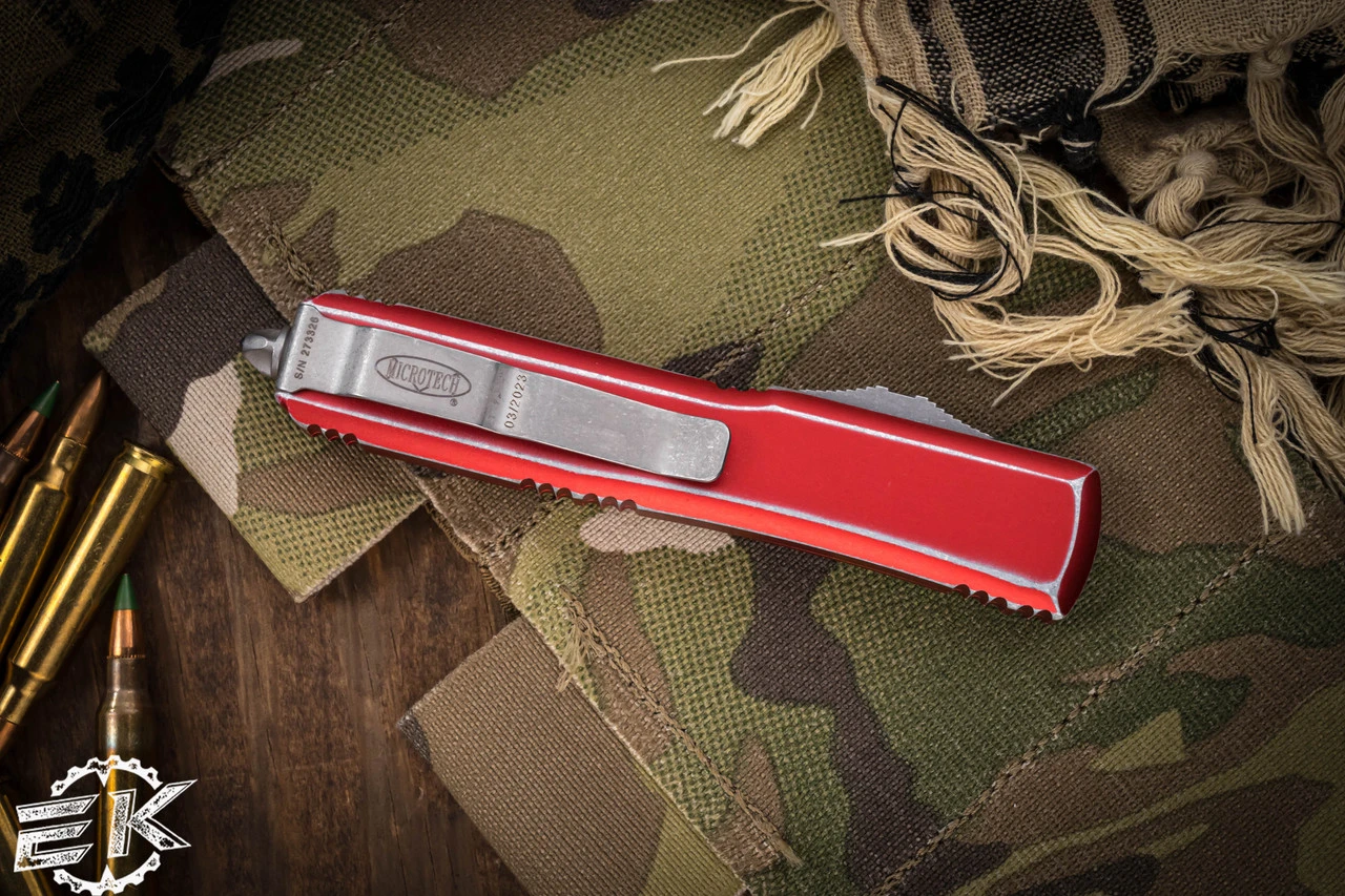 Microtech Ultratech OTF Automatic Knife Distressed Red 3.4" Drop Point Serrated Stonewash 121-11DRD 6 Microtech Ultratech OTF Automatic Knife Distressed Red 3.4" Drop Point Serrated Stonewash 121-11DRD - Image 4