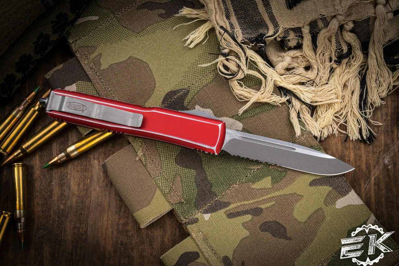 Microtech Ultratech OTF Automatic Knife Distressed Red 3.4" Drop Point Serrated Stonewash 121-11DRD 4 Microtech Ultratech OTF Automatic Knife Distressed Red 3.4" Drop Point Serrated Stonewash 121-11DRD - Image 2