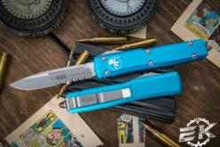 Microtech Ultratech OTF Automatic Knife Turquoise 3.4" Drop Point Stonewash Serrated 121-11TQ