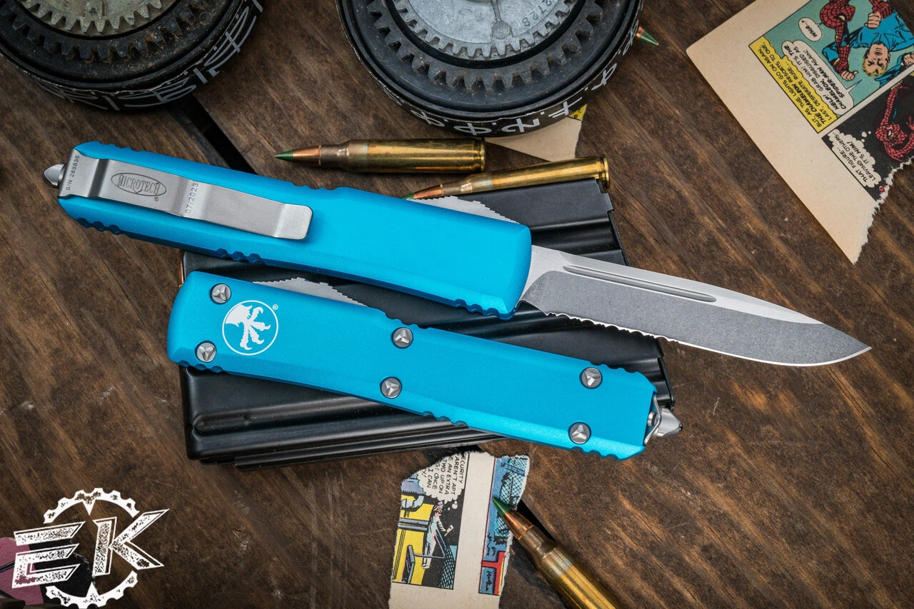 Microtech Ultratech OTF Automatic Knife Turquoise 3.4" Drop Point Stonewash Serrated 121-11TQ 4 Microtech Ultratech OTF Automatic Knife Turquoise 3.4" Drop Point Stonewash Serrated 121-11TQ - Image 2