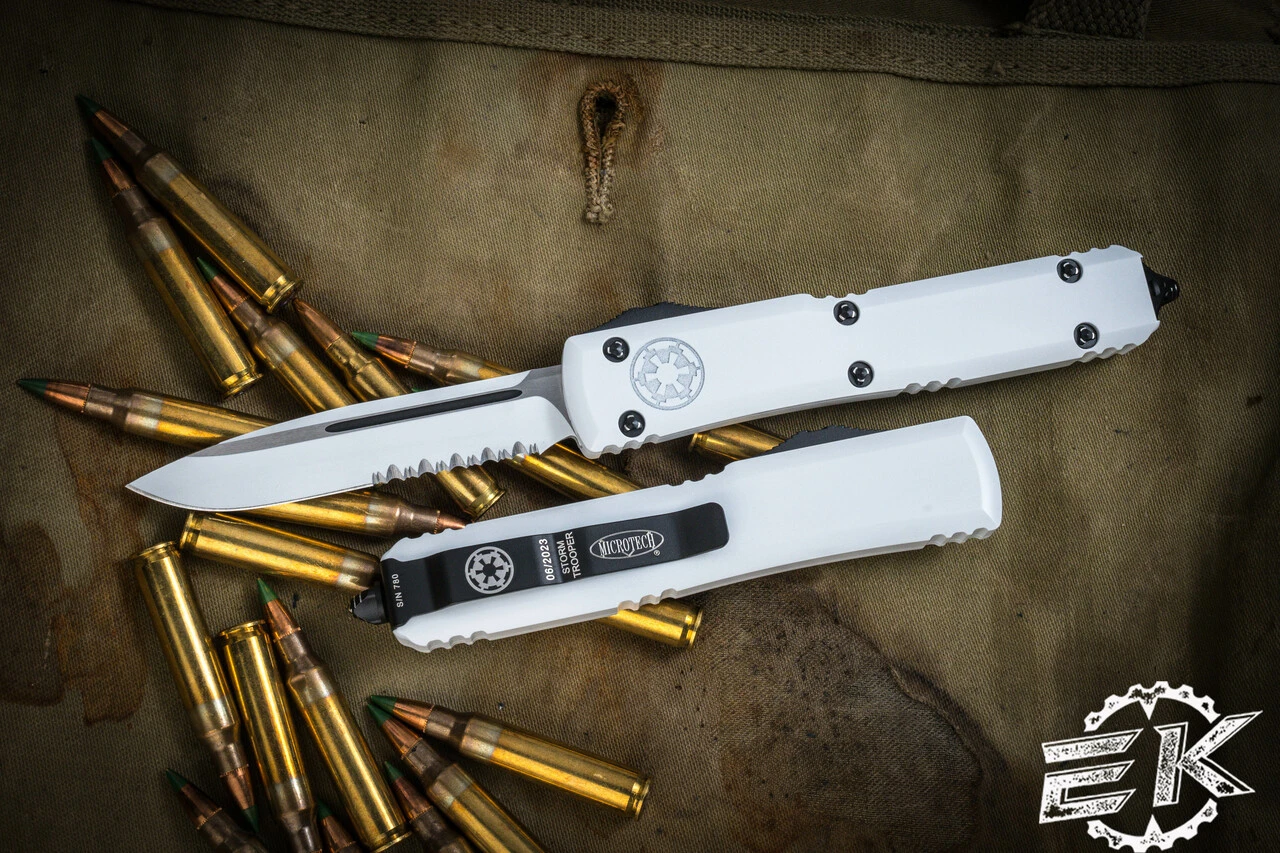 Microtech Storm Trooper Ultratech Deep Engraved OTF Knife 3.4" Drop Point Serrated 121-2STD 3 Microtech Storm Trooper Ultratech Deep Engraved OTF Knife 3.4" Drop Point Serrated 121-2STD