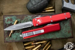 Microtech Ultratech OTF Automatic Knife Red 3.4" Dagger Stonewash Serrated 122-11RD