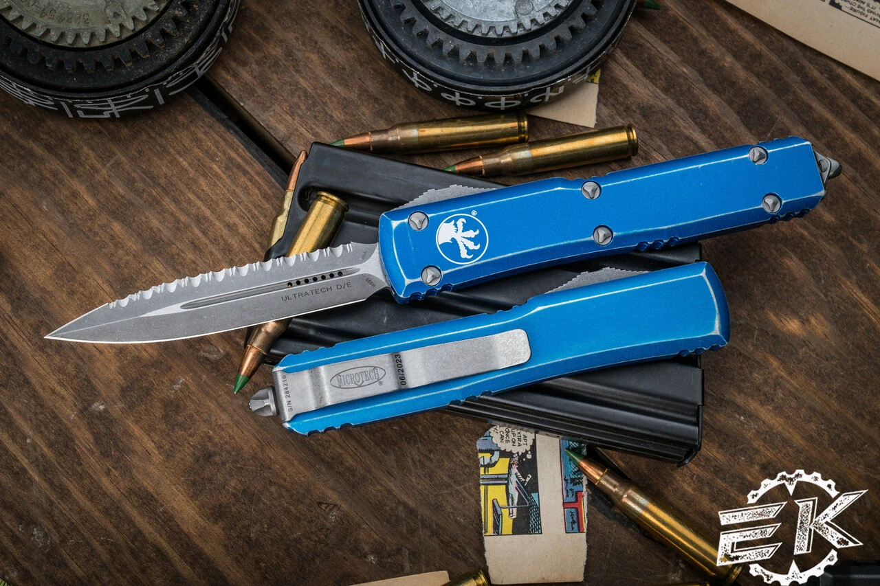 Microtech Ultratech OTF Automatic Knife Distressed Blue 3.4" Dagger Stonewash Serrated 122-12DBL 3 Microtech Ultratech OTF Automatic Knife Distressed Blue 3.4" Dagger Stonewash Serrated 122-12DBL