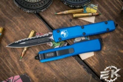 Microtech Ultratech OTF Automatic Knife Blue 3.4" Dagger Black Serrated 122-3BL