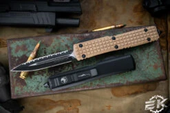 Microtech Ultratech OTF Knife Frag Tan G10 3.4" Dagger Black Serrated 122-3FRGTTAS