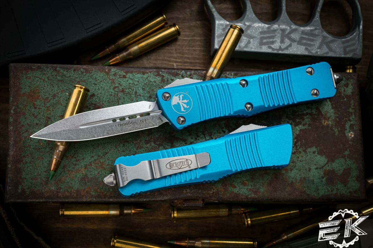 Microtech Troodon OTF Automatic Knife Turquoise 3" Dagger Stonewash 138-10TQ 3 Microtech Troodon OTF Automatic Knife Turquoise 3" Dagger Stonewash 138-10TQ