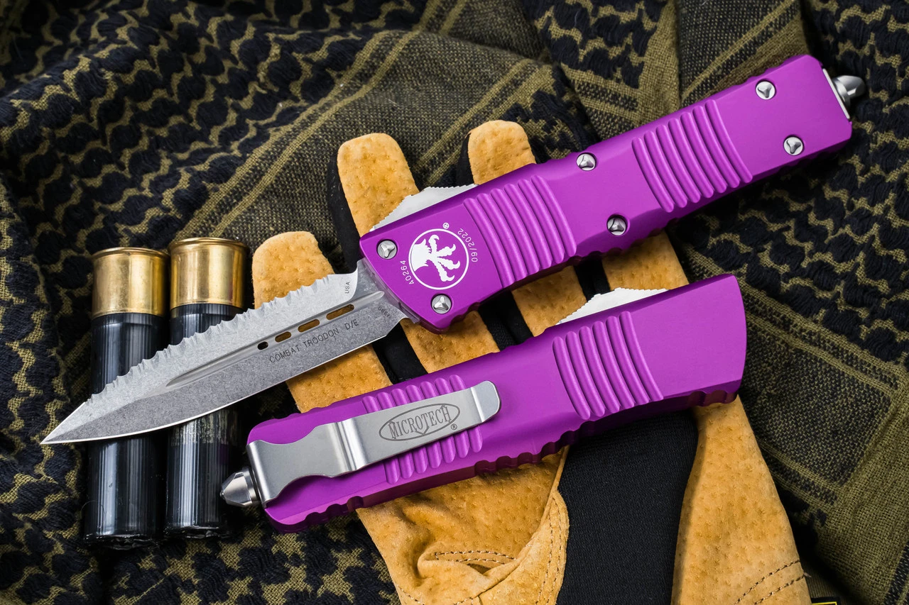 Microtech Combat Troodon OTF Automatic Violet 3.8" Dagger Serrated Stonewash 142-12VI 3 Microtech Combat Troodon OTF Automatic Violet 3.8" Dagger Serrated Stonewash 142-12VI