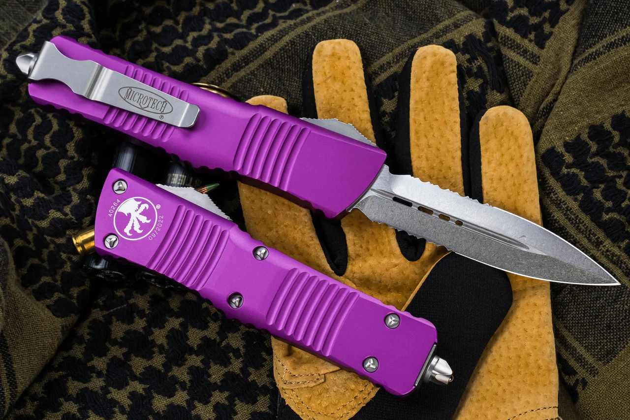 Microtech Combat Troodon OTF Automatic Violet 3.8" Dagger Stonewash Serrated 142-11VI 4 Microtech Combat Troodon OTF Automatic Violet 3.8" Dagger Stonewash Serrated 142-11VI - Image 2