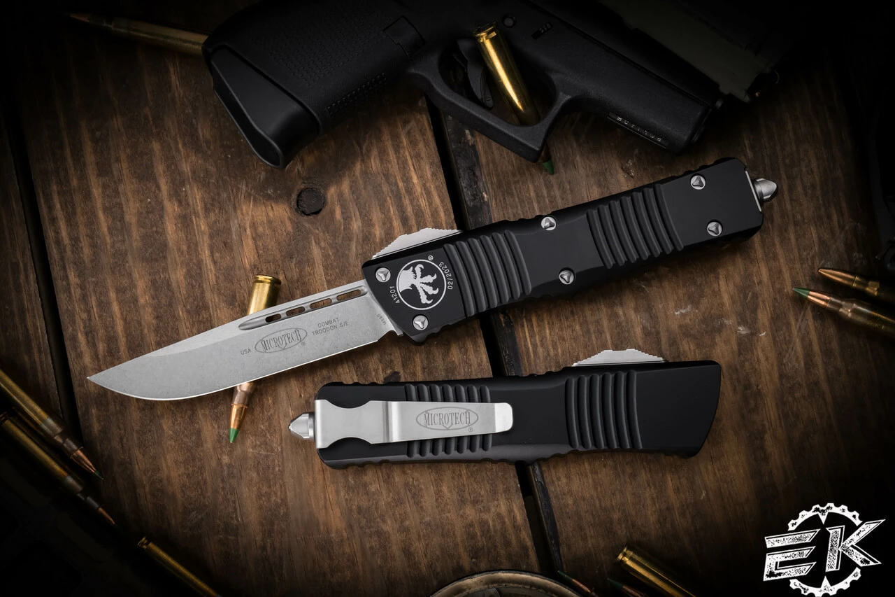 Microtech Combat Troodon OTF Automatic Knife 3.8" Drop Point Stonewash 143-10 3 Microtech Combat Troodon OTF Automatic Knife 3.8" Drop Point Stonewash 143-10