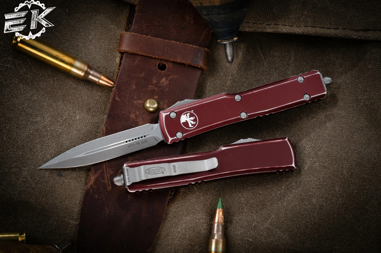 Microtech UTX-70 Distressed Merlot OTF Automatic 2.4" Dagger Stonewash 147-10DMR 3 Microtech UTX-70 Distressed Merlot OTF Automatic 2.4" Dagger Stonewash 147-10DMR