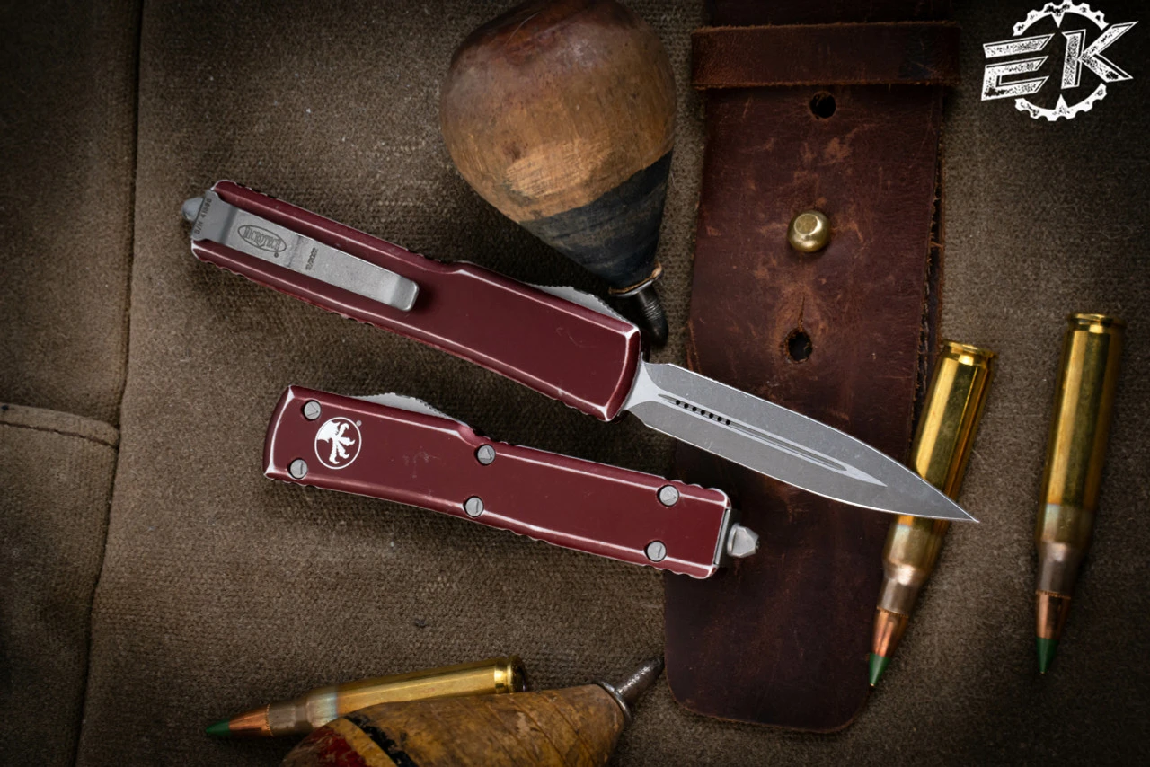 Microtech UTX-70 Distressed Merlot OTF Automatic 2.4" Dagger Stonewash 147-10DMR 4 Microtech UTX-70 Distressed Merlot OTF Automatic 2.4" Dagger Stonewash 147-10DMR - Image 2