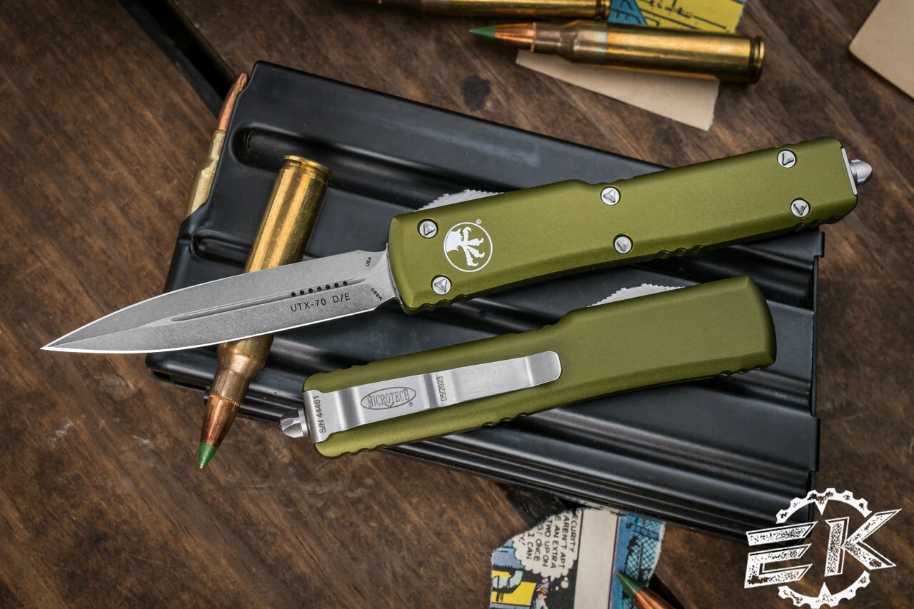 Microtech UTX-70 OTF Automatic Knife OD Green 2.4" Dagger Stonewash 147-10OD 3 Microtech UTX-70 OTF Automatic Knife OD Green 2.4" Dagger Stonewash 147-10OD