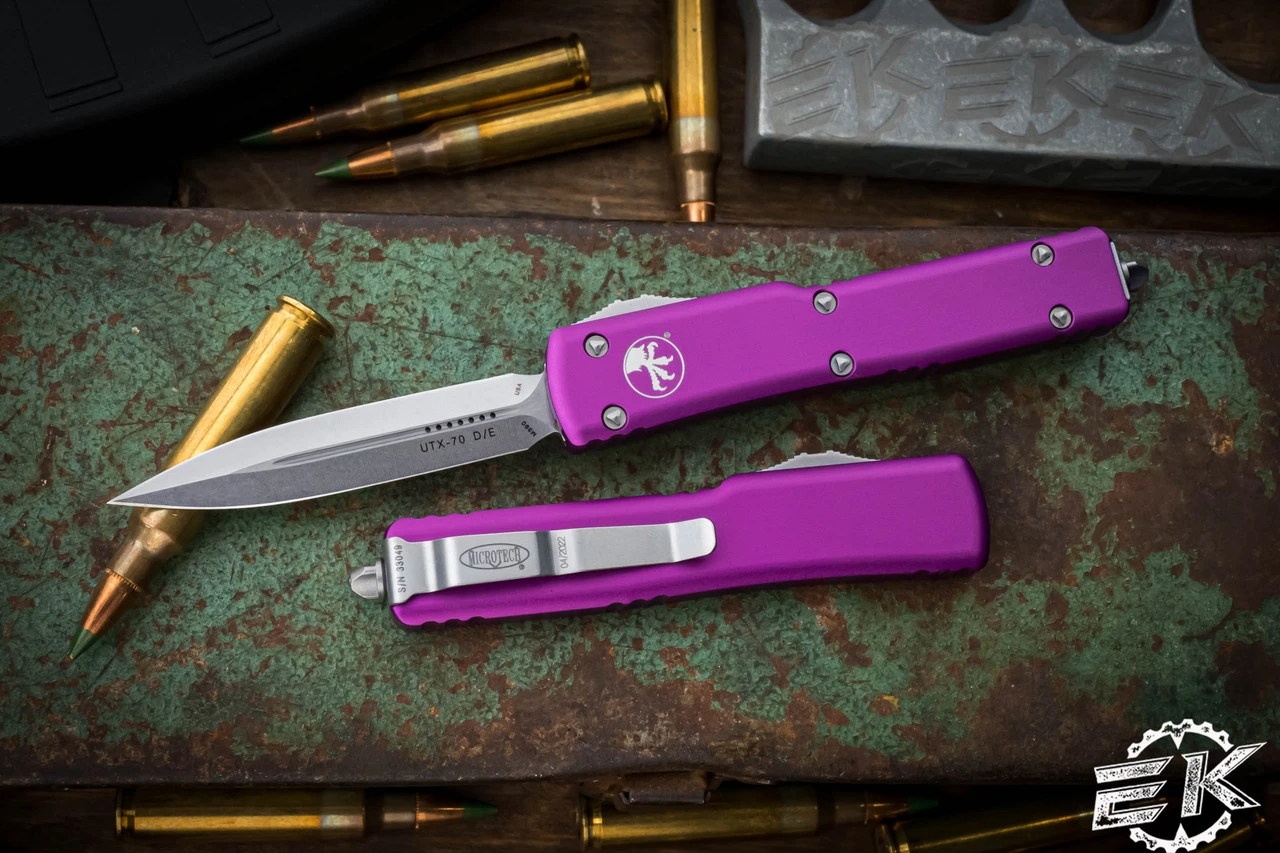 Microtech UTX-70 OTF Automatic Knife Violet 2.4" Dagger Stonewash 147-10VI 3 Microtech UTX-70 OTF Automatic Knife Violet 2.4" Dagger Stonewash 147-10VI