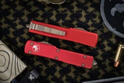 Microtech UTX-70 Red OTF Automatic Knife Black 2.4"Dagger Bronze 147-13RD -Best Knifes Shop 147 13 RD Closed 00150.1668283985