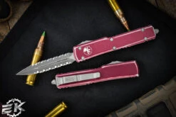 Microtech UTX-70 Distressed Merlot Red OTF Knife 2.4" Dagger Double Serrated Stonewash 147-D12DMR