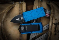 Microtech Exocet OTF Money Clip Knife Cali Legal Blue 1.9" Dagger Black 157-1BL
