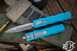 Microtech Dirac OTF Automatic Knife Turquoise 3" Dagger Stonewash Serrated 225-11TQ