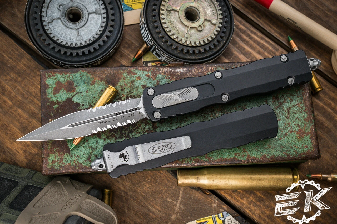 Microtech Dirac Delta OTF Automatic Knife 3.75" Dagger Stonewash Apocalyptic Serrated 227-11AP 3 Microtech Dirac Delta OTF Automatic Knife 3.75" Dagger Stonewash Apocalyptic Serrated 227-11AP