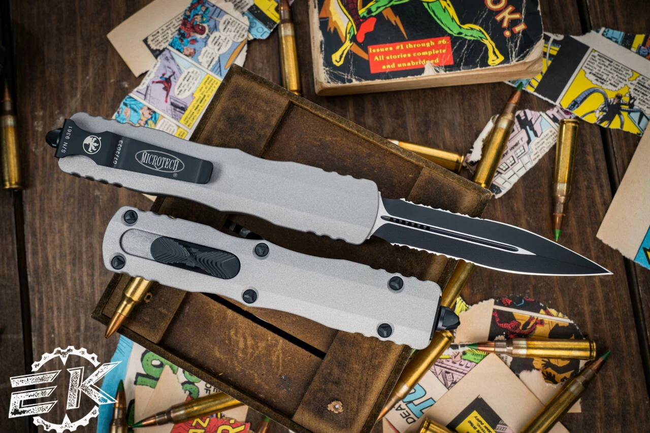 Microtech Dirac Delta OTF Automatic Knife Gray 3.75" Dagger Black Serrated 227-2TG 4 Microtech Dirac Delta OTF Automatic Knife Gray 3.75" Dagger Black Serrated 227-2TG - Image 2