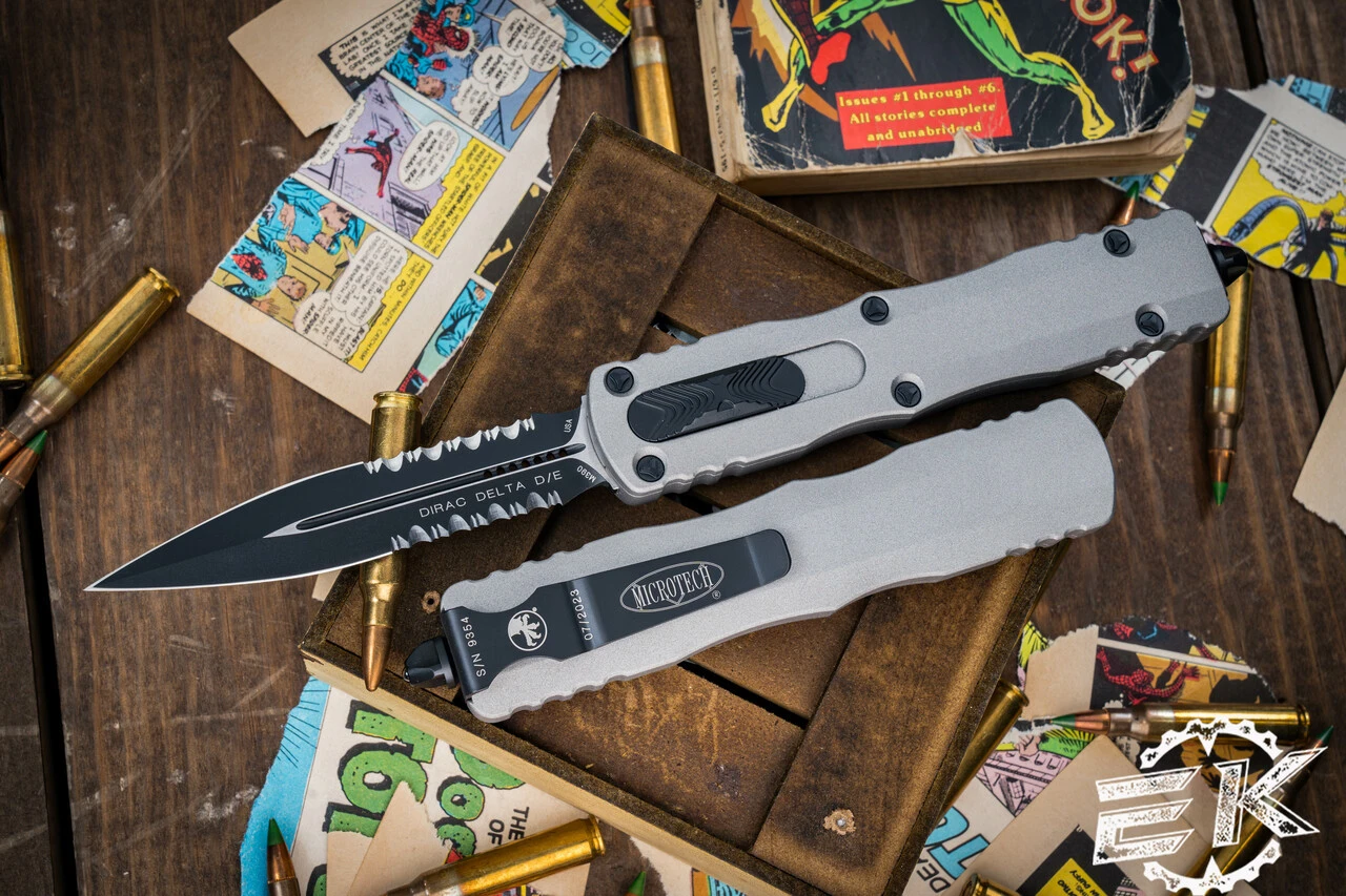 Microtech Dirac Delta OTF Automatic Knife Gray 3.75" Dagger Black Serrated 227-2TG 3 Microtech Dirac Delta OTF Automatic Knife Gray 3.75" Dagger Black Serrated 227-2TG