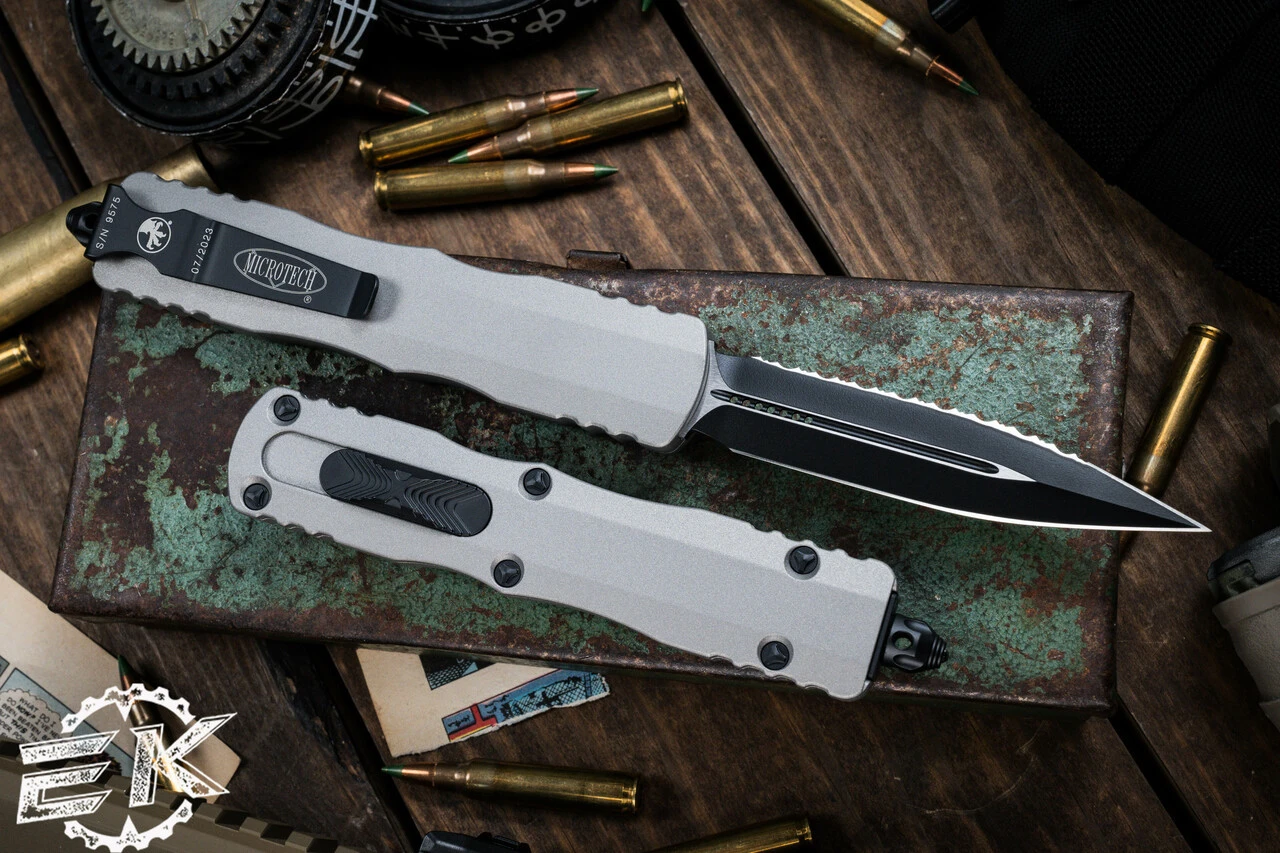 Microtech Dirac Delta Gray OTF Automatic Knife 3.75" Dagger Black Serrated 227-3TG 4 Microtech Dirac Delta Gray OTF Automatic Knife 3.75" Dagger Black Serrated 227-3TG - Image 2