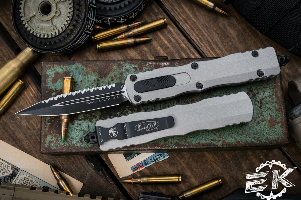 Microtech Dirac Delta Gray OTF Automatic Knife 3.75" Dagger Black Serrated 227-3TG 3 Microtech Dirac Delta Gray OTF Automatic Knife 3.75" Dagger Black Serrated 227-3TG