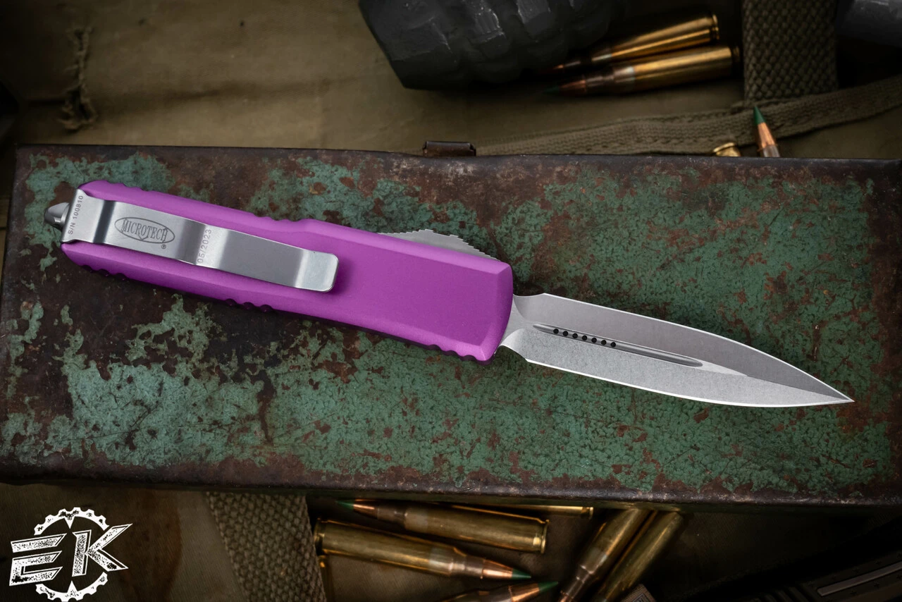 Microtech UTX-85 OTF Automatic Knife Violet 3.1" Dagger Stonewash 232-10VI 4 Microtech UTX-85 OTF Automatic Knife Violet 3.1" Dagger Stonewash 232-10VI - Image 2