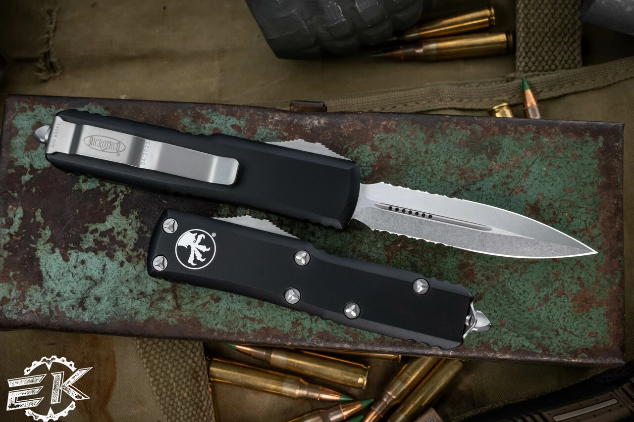 Microtech UTX-85 OTF Automatic Knife 3.1" Dagger Stonewash Serrated 232-11 4 Microtech UTX-85 OTF Automatic Knife 3.1" Dagger Stonewash Serrated 232-11 - Image 2