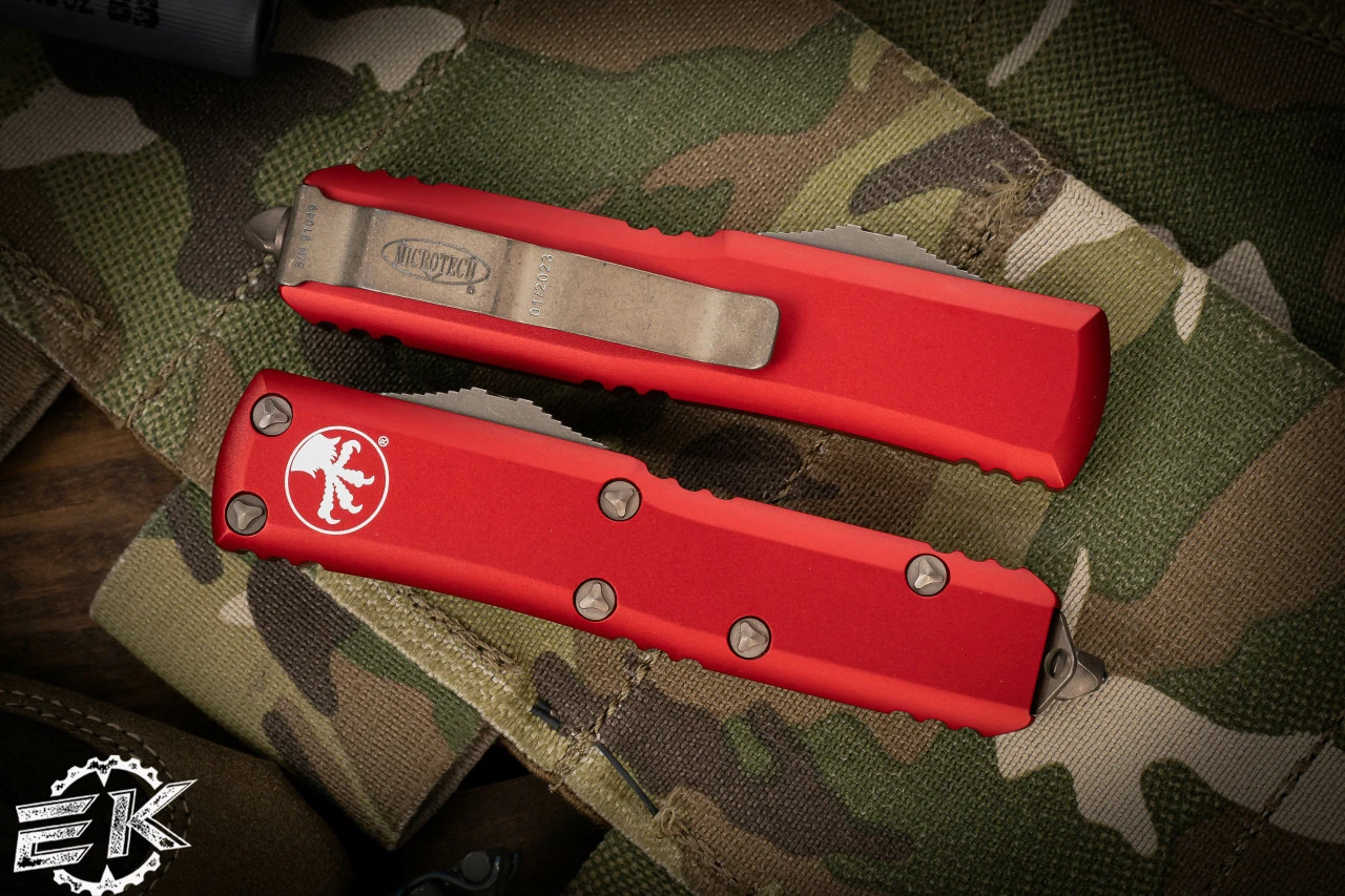 Microtech UTX-85 OTF Automatic Knife Red 3.1" Dagger Bronze Apocalyptic 232-13APRD 5 Microtech UTX-85 OTF Automatic Knife Red 3.1" Dagger Bronze Apocalyptic 232-13APRD - Image 3