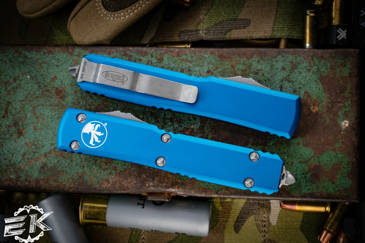 Microtech Ultratech Blue OTF Knife 3.4" Apocalyptic Double Full Serrated 122-D12APBL 4 Microtech Ultratech Blue OTF Knife 3.4" Apocalyptic Double Full Serrated 122-D12APBL - Image 2