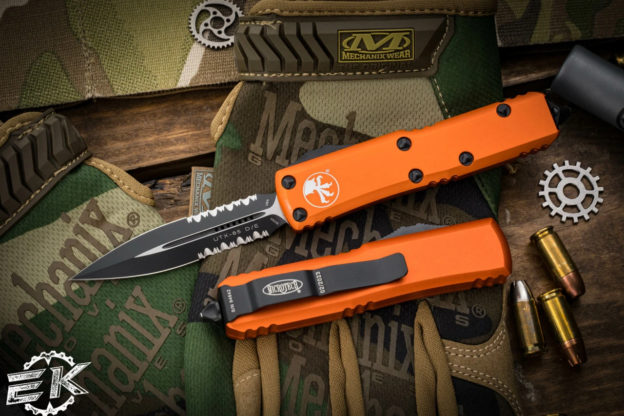 Microtech UTX-85 OTF Automatic Knife Orange 3" Dagger Serrated Black 232-2OR 3 Microtech UTX-85 OTF Automatic Knife Orange 3" Dagger Serrated Black 232-2OR