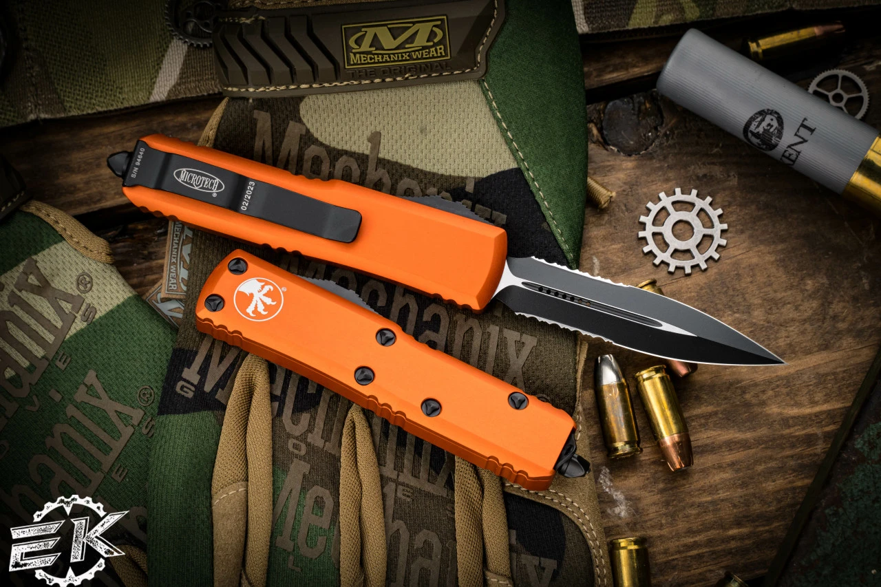 Microtech UTX-85 OTF Automatic Knife Orange 3" Dagger Serrated Black 232-2OR 5 Microtech UTX-85 OTF Automatic Knife Orange 3" Dagger Serrated Black 232-2OR - Image 3