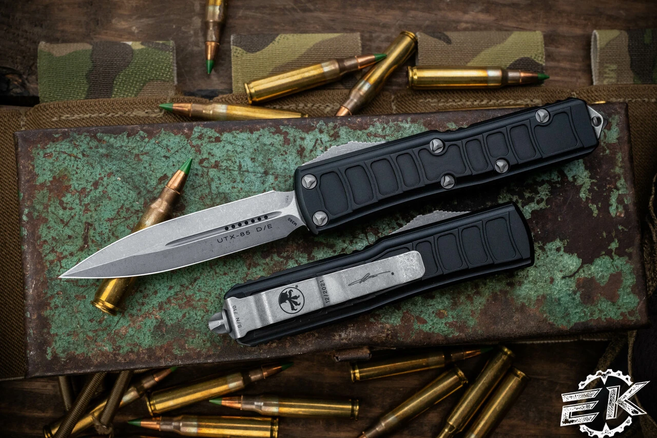 Microtech UTX-85 II Stepside OTF Automatic Knife 3" Dagger Stonewash Apocalyptic 232II-10APS 3 Microtech UTX-85 II Stepside OTF Automatic Knife 3" Dagger Stonewash Apocalyptic 232II-10APS