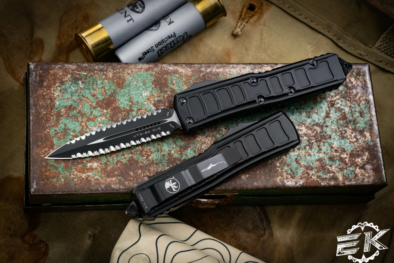 Microtech UTX-85 II Stepside Automatic Knife Black 3" Dagger Double Full Serrated 232II-D3TS 3 Microtech UTX-85 II Stepside Automatic Knife Black 3" Dagger Double Full Serrated 232II-D3TS