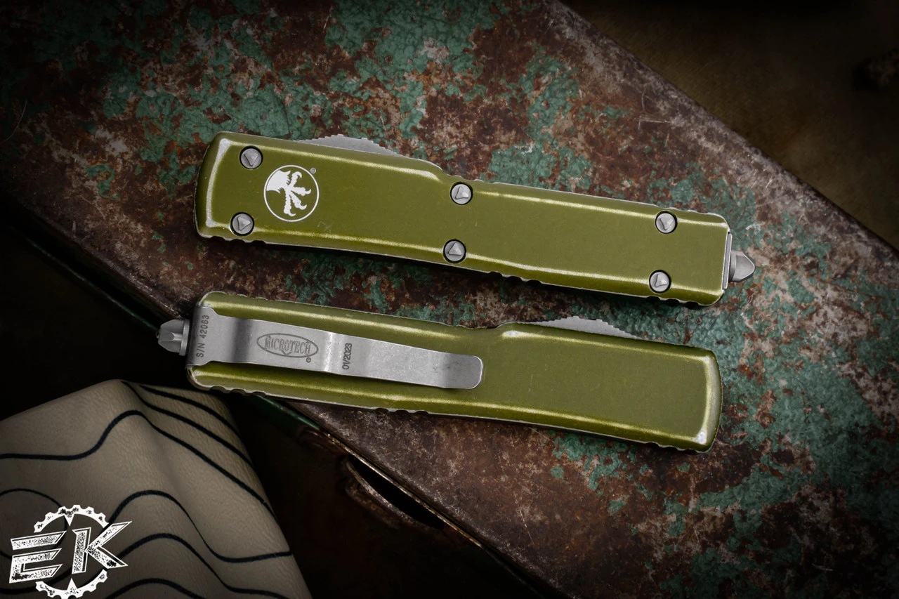 Microtech UTX-70 OTF Automatic Knife Distressed OD 2.4" Dagger Double Serrated Stonewash 147-D12DOD 5 Microtech UTX-70 OTF Automatic Knife Distressed OD 2.4" Dagger Double Serrated Stonewash 147-D12DOD - Image 3