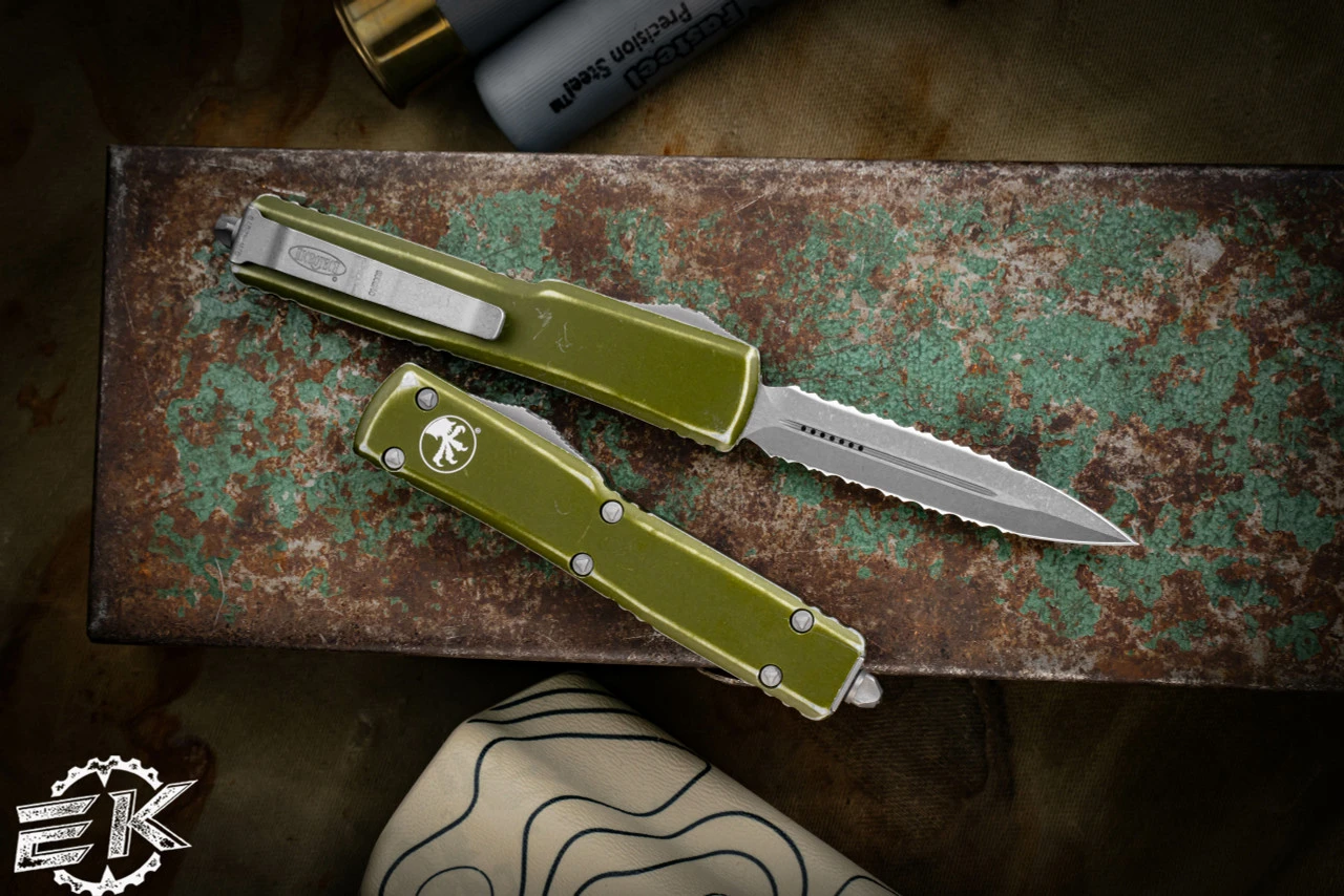 Microtech UTX-70 OTF Automatic Knife Distressed OD 2.4" Dagger Double Serrated Stonewash 147-D12DOD 4 Microtech UTX-70 OTF Automatic Knife Distressed OD 2.4" Dagger Double Serrated Stonewash 147-D12DOD - Image 2