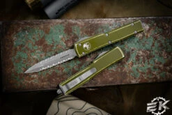 Microtech UTX-70 OTF Automatic Knife Distressed OD 2.4" Dagger Double Serrated Stonewash 147-D12DOD