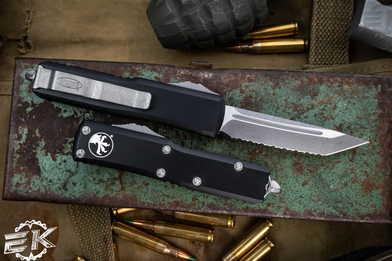 Microtech UTX-85 OTF Automatic Knife 3.1" Tanto Apocalyptic Stonewash Serrated 233-12AP 4 Microtech UTX-85 OTF Automatic Knife 3.1" Tanto Apocalyptic Stonewash Serrated 233-12AP - Image 2