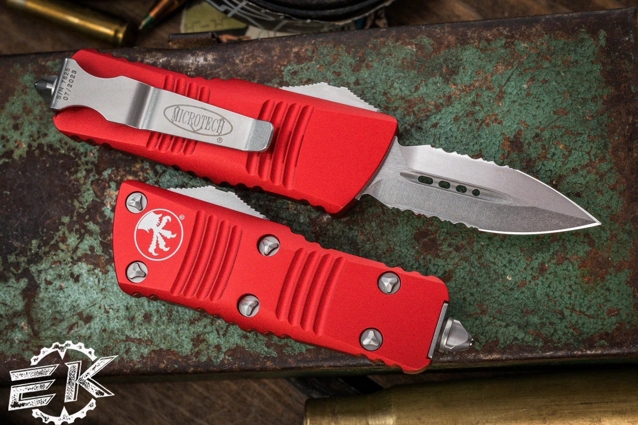 Microtech Troodon Mini OTF Automatic Knife Red 1.9" Dagger Stonewash Serrated (Cali Legal) 238-11RD 4 Microtech Troodon Mini OTF Automatic Knife Red 1.9" Dagger Stonewash Serrated (Cali Legal) 238-11RD - Image 2