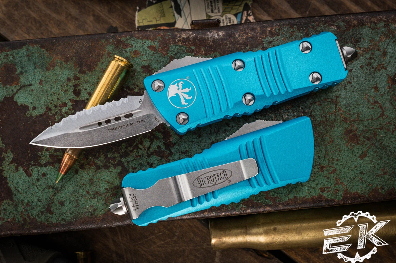 Microtech Troodon Mini OTF Automatic Knife Turquoise 1.9" Dagger Serrated Stonewash (Cali-Legal) 238-12TQ 3 Microtech Troodon Mini OTF Automatic Knife Turquoise 1.9" Dagger Serrated Stonewash (Cali-Legal) 238-12TQ