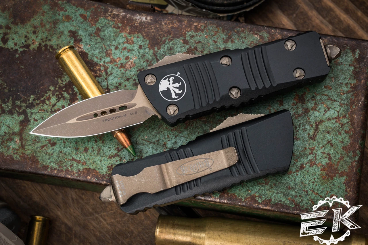 Microtech Troodon Mini OTF Automatic Knife 1.9" Dagger Bronze Apocalyptic (Cali-Legal) 238-13AP 3 Microtech Troodon Mini OTF Automatic Knife 1.9" Dagger Bronze Apocalyptic (Cali-Legal) 238-13AP