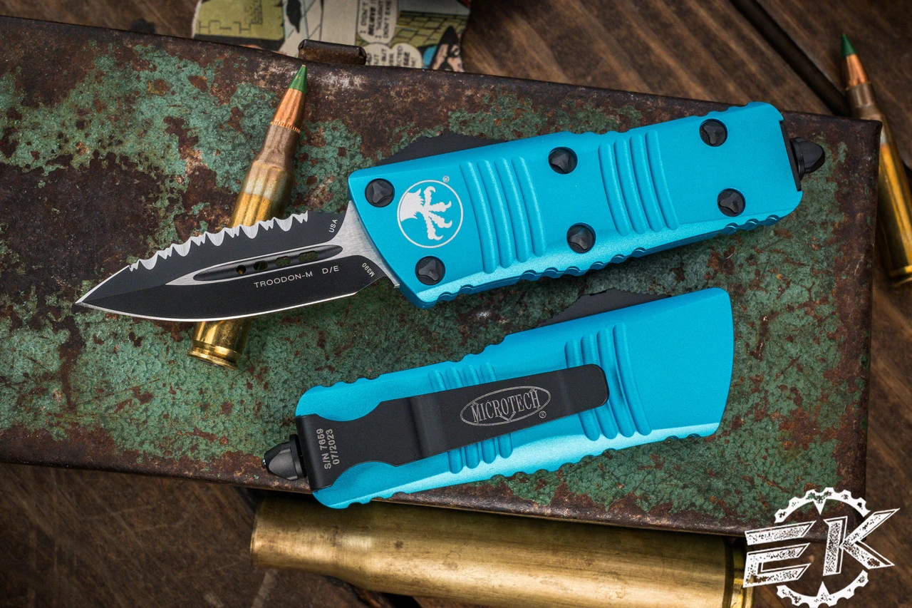 Microtech Troodon Mini OTF Automatic Knife Turquoise 1.9" Dagger Serrated Black (Cali-Legal) 238-3TQ 3 Microtech Troodon Mini OTF Automatic Knife Turquoise 1.9" Dagger Serrated Black (Cali-Legal) 238-3TQ