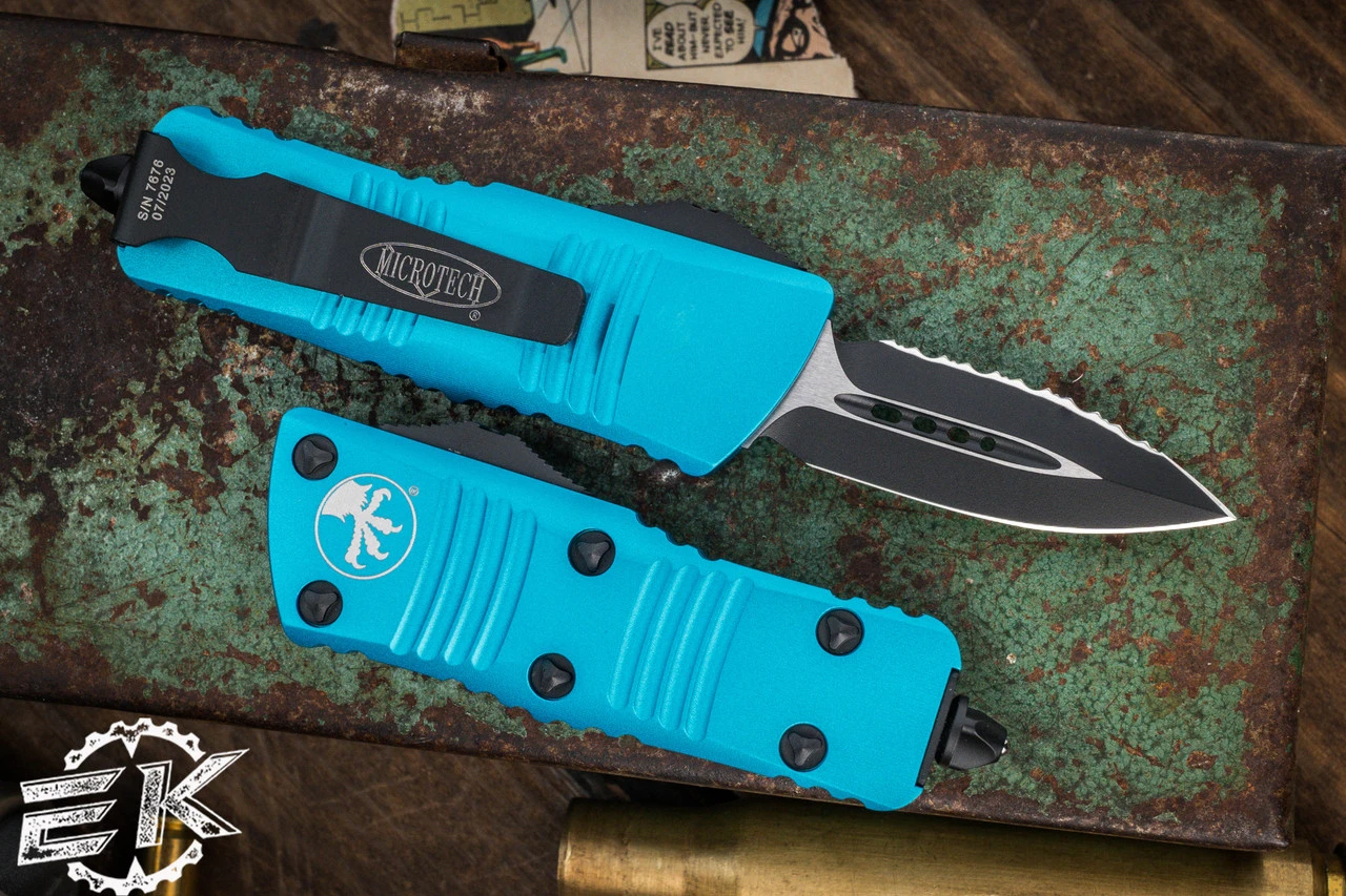 Microtech Troodon Mini OTF Automatic Knife Turquoise 1.9" Dagger Serrated Black (Cali-Legal) 238-3TQ 4 Microtech Troodon Mini OTF Automatic Knife Turquoise 1.9" Dagger Serrated Black (Cali-Legal) 238-3TQ - Image 2