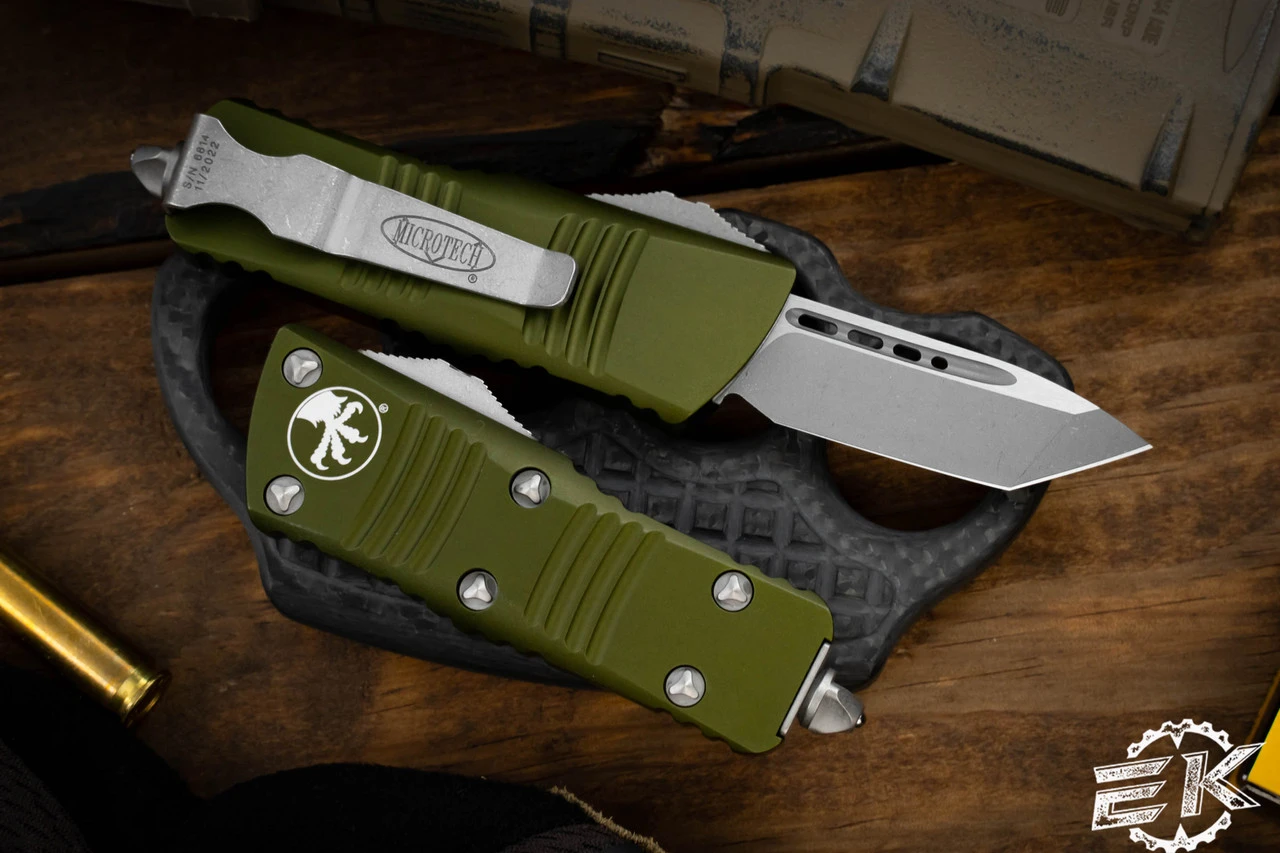 Microtech Troodon Mini OD Green OTF Automatic Knife 1.9" Tanto Apocalyptic Stonewash 240-10APOD 4 Microtech Troodon Mini OD Green OTF Automatic Knife 1.9" Tanto Apocalyptic Stonewash 240-10APOD - Image 2