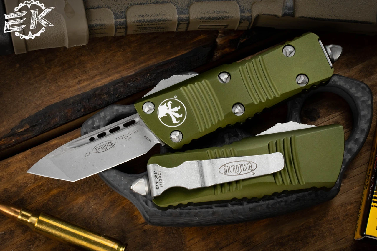 Microtech Troodon Mini OD Green OTF Automatic Knife 1.9" Tanto Apocalyptic Stonewash 240-10APOD 3 Microtech Troodon Mini OD Green OTF Automatic Knife 1.9" Tanto Apocalyptic Stonewash 240-10APOD