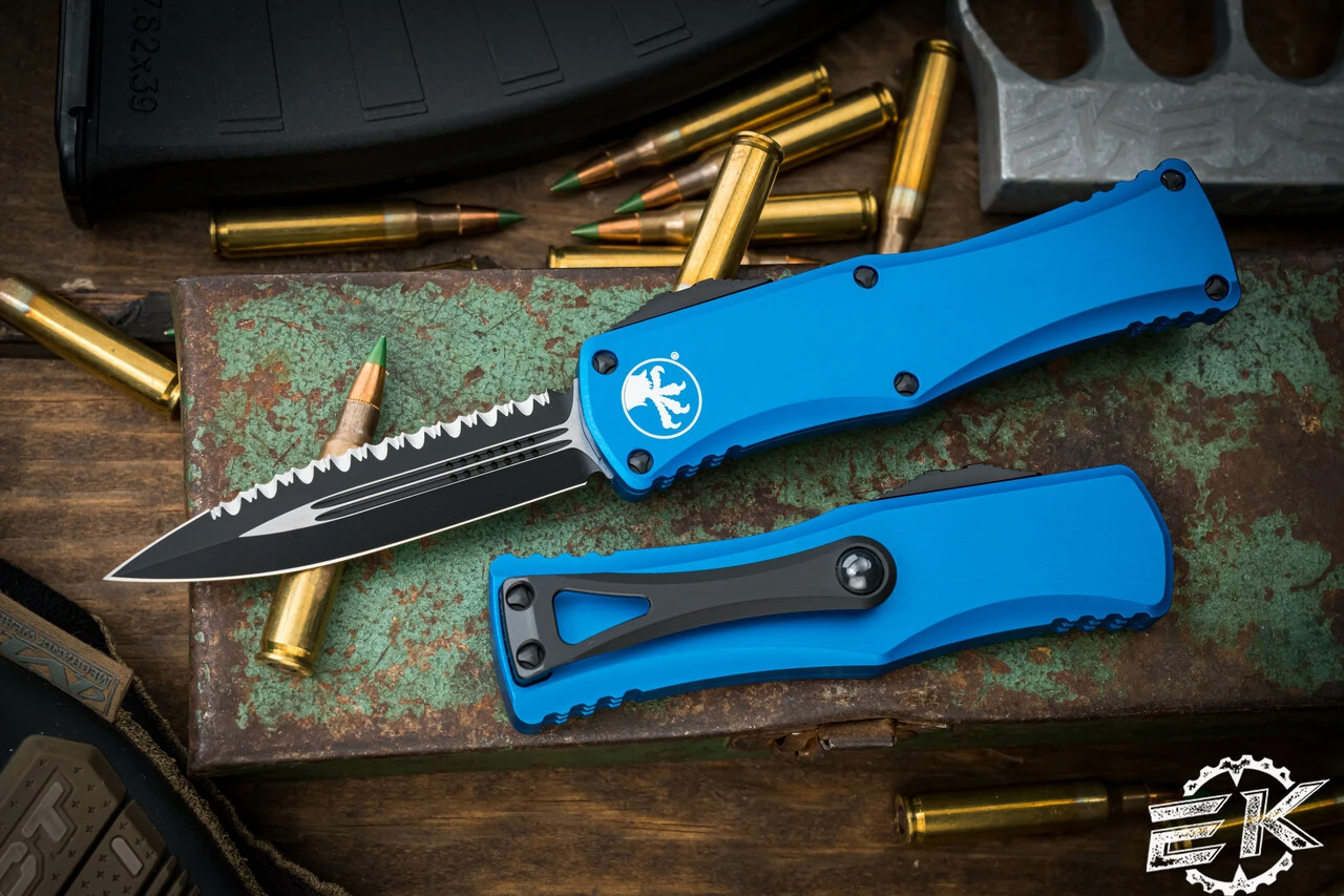 Microtech Hera OTF Automatic Knife Blue 3" Dagger Black Serrated 702-3BL 3 Microtech Hera OTF Automatic Knife Blue 3" Dagger Black Serrated 702-3BL