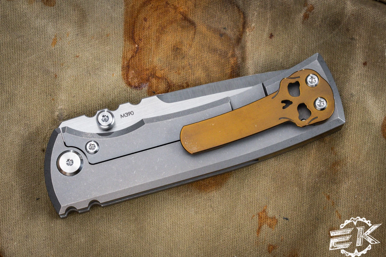 Chaves Knives Ultramar Redencion Street Titanium Folding Knife, Polished Bronze Skull Clip/Backspacer 3.25" Tanto 6 Chaves Knives Ultramar Redencion Street Titanium Folding Knife, Polished Bronze Skull Clip/Backspacer 3.25" Tanto - Image 4