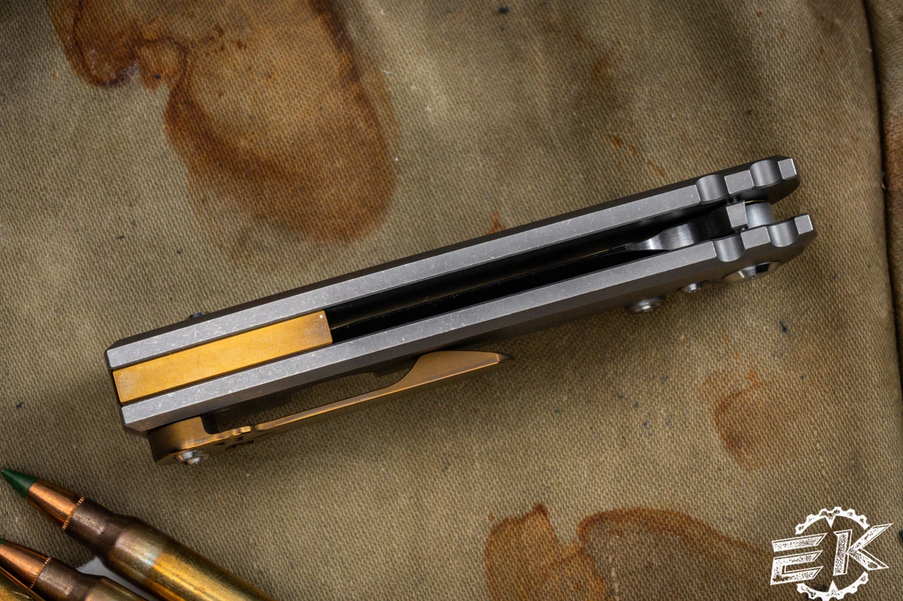 Chaves Knives Ultramar Redencion Street Titanium Folding Knife, Polished Bronze Skull Clip/Backspacer 3.25" Tanto 5 Chaves Knives Ultramar Redencion Street Titanium Folding Knife, Polished Bronze Skull Clip/Backspacer 3.25" Tanto - Image 3